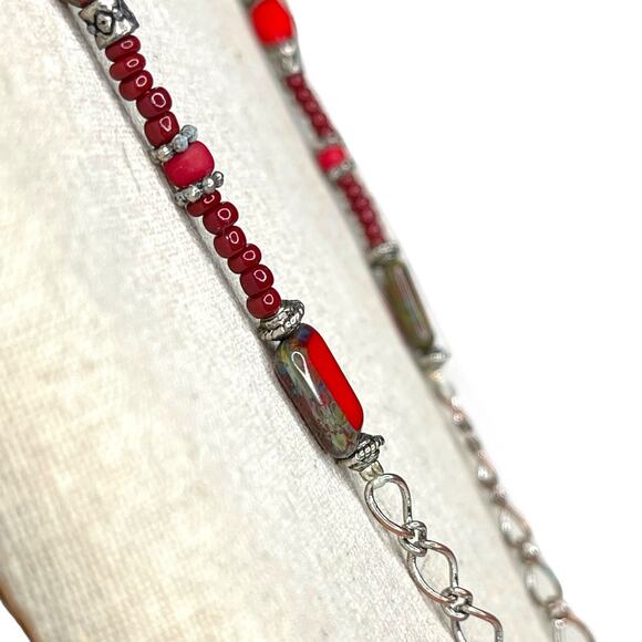 Vintage Chain and Beaded Necklace Silver Tone Red and Wooden Beads - Picture 3 of 9